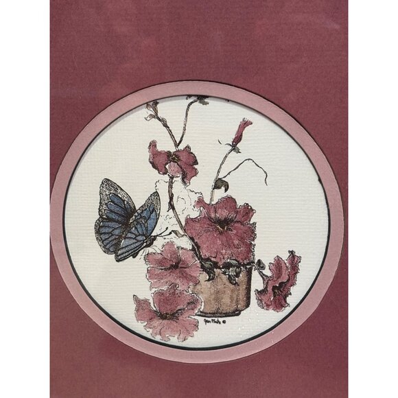 Framed Jean Miste Prints With Hummingbird & Butterfly Floral Designs In Burgundy - Picture 6 of 8